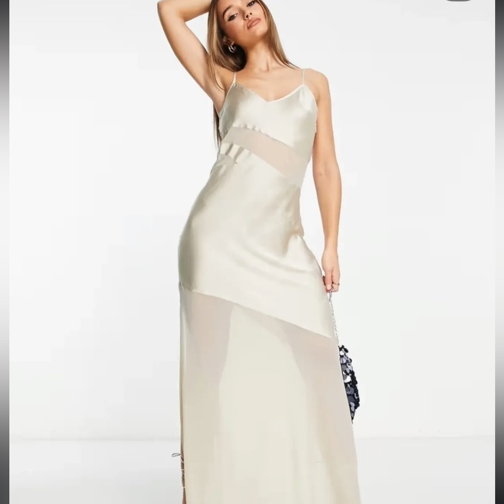 FRENCH CONNECTION Inu Satin Mesh Cutout Slip Dress Wild Wheat NWT Sz 12 - Picture 2 of 8